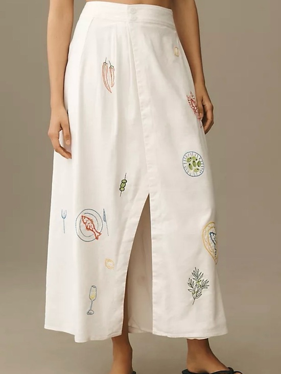 Maeve Dresses & Skirts - Maeve White Embroidered Midi Front Slit Olive Wrap Skirt Anthropologie #0030